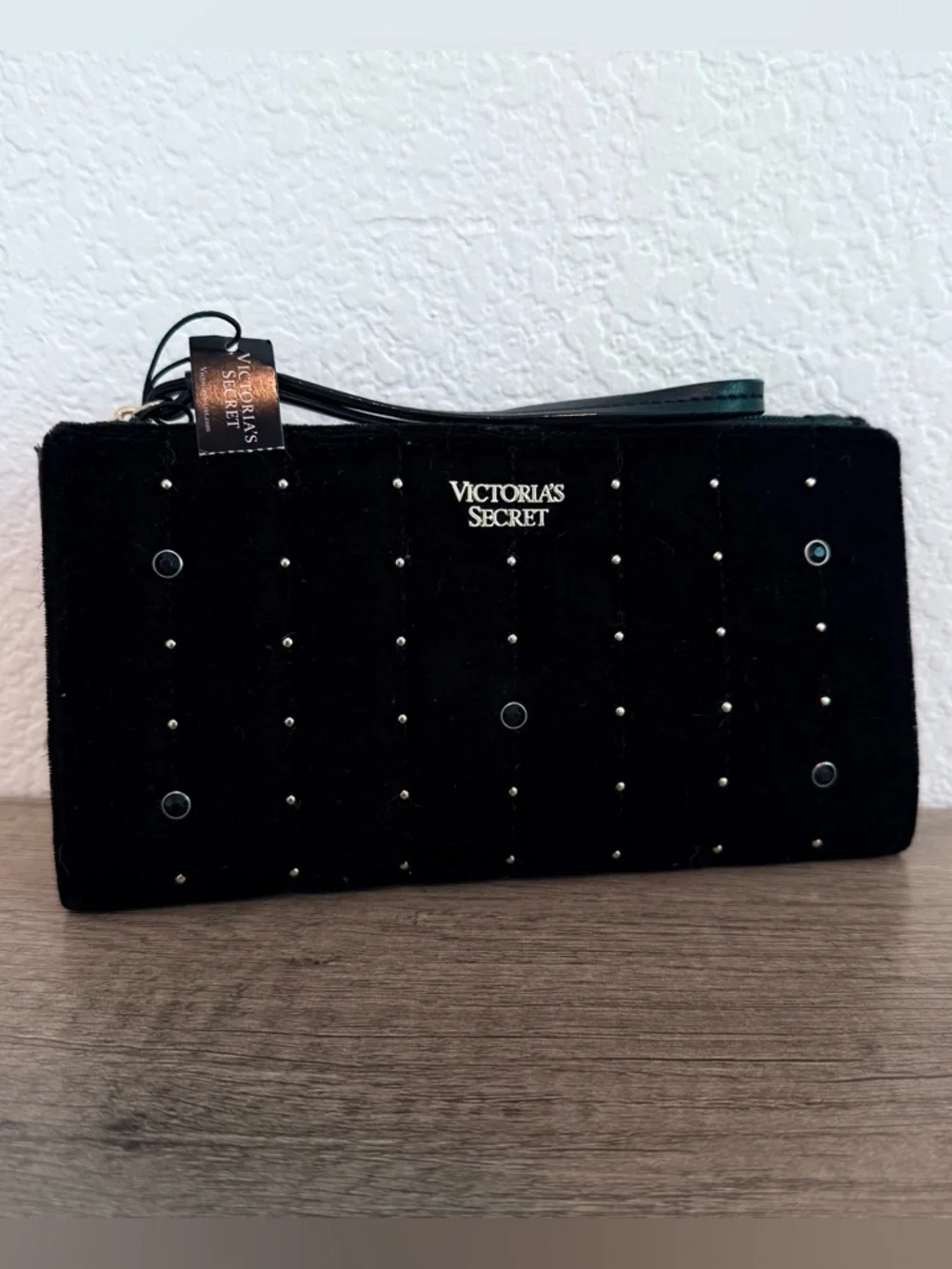 Victoria's Secret Black Velvet Studded Wristlet Wallet NWT